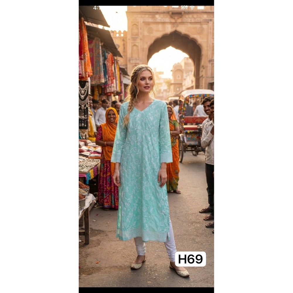 Mint Green Chikankari Kurti Hand Embroidered Lucknowi Anarkali Dress Maxi Gown